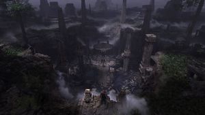 Structures in Travincal lay in ruins. For scale note the character in the foreground stood on.