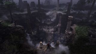 Structures in Travincal lay in ruins. For scale note the character in the foreground stood on.