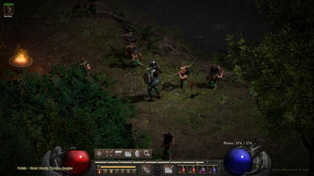 Fetish swarm the Sorceress in the Great Marsh in the Torajan Jungles as seen in Diablo 2 Resurrected.