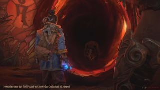 A Red Portal leads Neyrelle out of the Cathedral of Hatred.