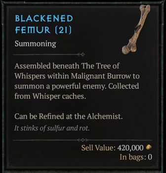 Blackened Femur is required to summon Varshan in the Malignant Burrow