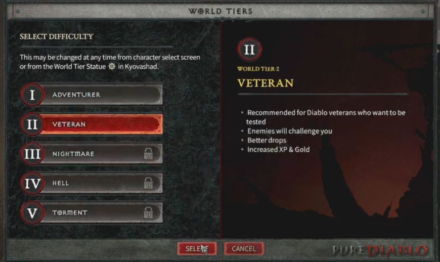 World Tiers selection interface
