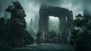 Kurast Docks. Nestled under the giant trilithon sits a community of stilt houses.