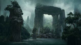 Kurast Docks. Nestled under the giant trilithon sits a community of stilt houses.